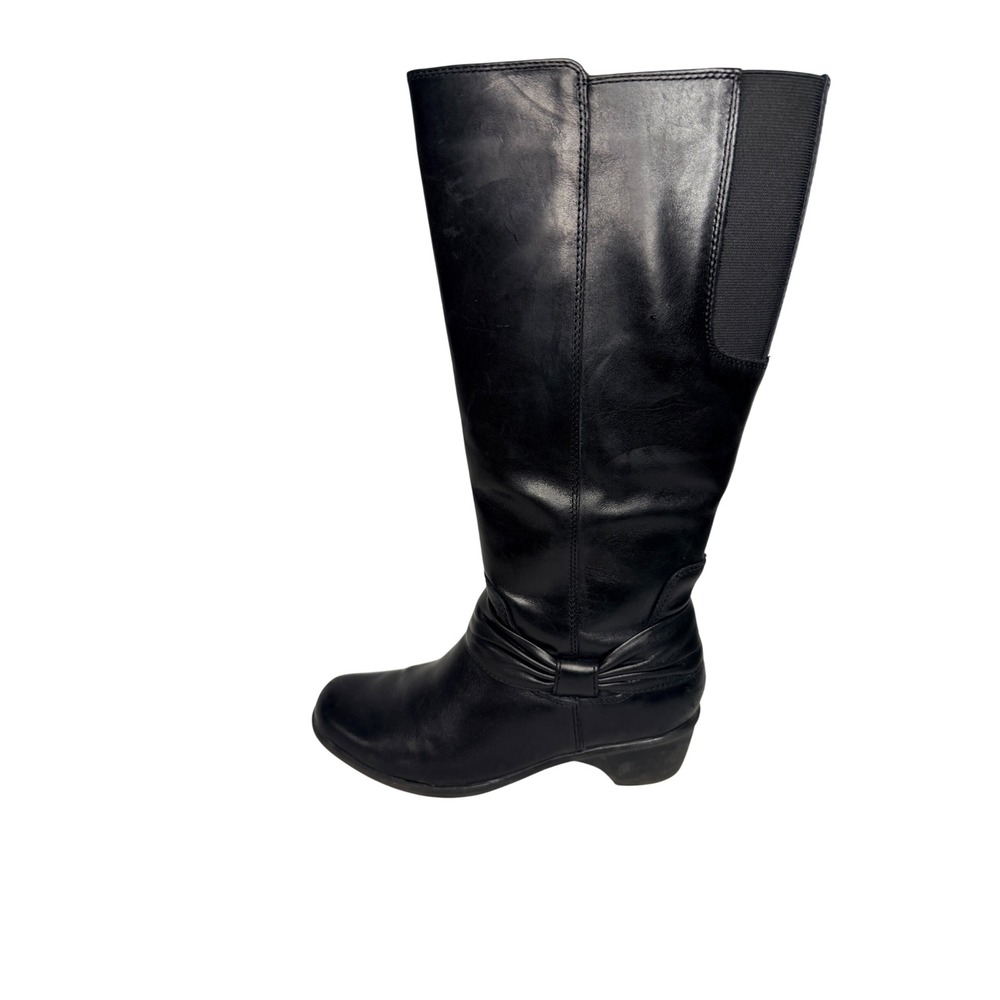Clarks Black Leather Tall Boots Bow Classic Winter Minamalist Work Size 7 Work